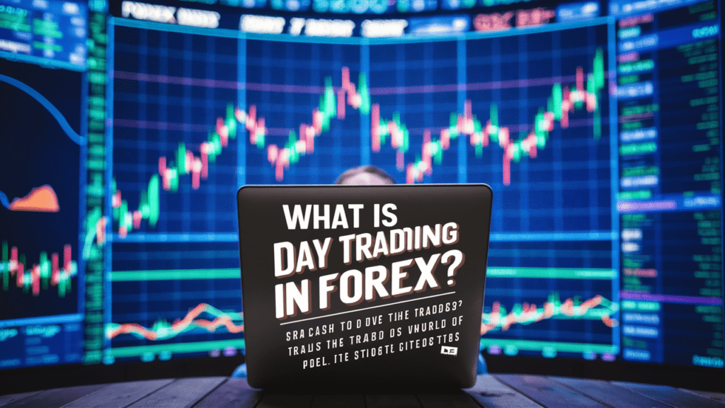 A captivating photo of a digital screen displaying the forex market, with various currency pairs and their values fluctuating in real-time. The screen is surrounded by financial charts and tools. In the foreground, a laptop is opened, showcasing an article titled "What is Day Trading in Forex?" with a curious trader reading it, ready to dive into the world of forex trading., photo