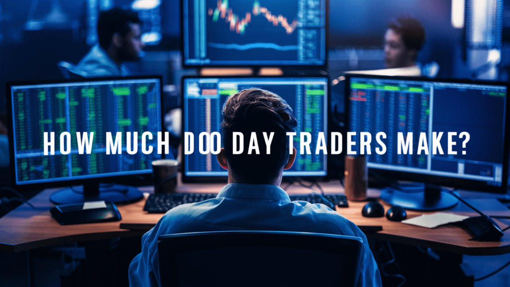 A captivating photo of a day trader intently staring at multiple computer screens, each displaying various financial data. The room is filled with modern, ergonomic furniture and equipment. The atmosphere is tense, yet focused, with a sense of high stakes and potential rewards. The question "How Much do Day Traders Make?" is displayed prominently in bold, capital letters., photo