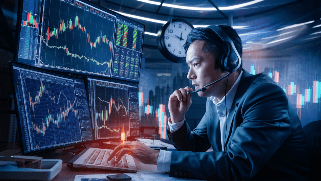 A captivating photo of a professional Forex trader analyzing charts and data on multiple screens. The trader is focused and serious, with a headset on, ready to make quick decisions. The room is filled with modern technology and a sense of urgency, with a clock ticking in the background. The overall atmosphere of the photo is intense and dynamic, reflecting the fast-paced nature of day trading in the forex market., photo
