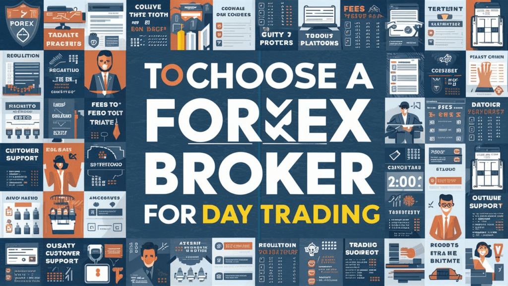 A well-organized photo collage of quick tips to choose a Forex broker for day trading. The collage includes essential factors to consider, such as regulation, fees, trading platforms, and customer support. There are checklists, icons, and highlights to guide the viewer through the decision-making process. The overall design is clean and visually appealing, with a professional and informative tone., photo
