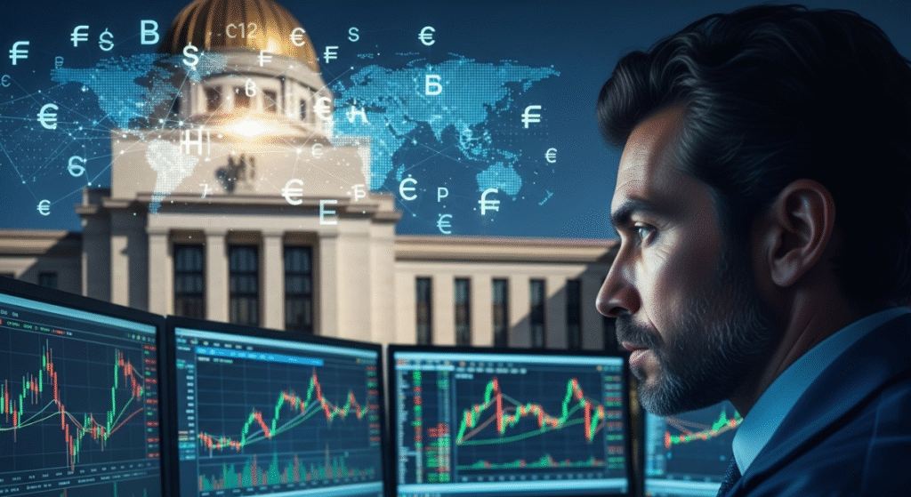 How to Analyze the Central Banks to Trade Forex. A photorealistic, high-quality flat-lay image captured with a DSLR. The scene features the distinct, official logos or symbolic representations (e.g., stylized eagle for Federal Reserve, stars for ECB, cherry blossom for BoJ) of the world's major central banks (Federal Reserve, ECB, Bank of Japan, Bank of England, Swiss National Bank, Bank of Canada, Reserve Bank of Australia) neatly arranged on a sleek, minimalist matte grey desk. Subtle financial elements like faint currency symbols, miniature world maps, or blurred lines of a digital chart are elegantly dispersed around the logos, hinting at their global influence. The lighting is even, bright, and professional, mimicking a well-lit studio product shot, with clean shadows. The background is simple and uncluttered. How to Analyze the Central Banks to Trade Forex.
A photorealistic, high-quality flat-lay image captured with a DSLR. The scene features the distinct, official logos or symbolic representations (e.g., stylized eagle for Federal Reserve, stars for ECB, cherry blossom for BoJ) of the world's major central banks (Federal Reserve, ECB, Bank of Japan, Bank of England, Swiss National Bank, Bank of Canada, Reserve Bank of Australia) neatly arranged on a sleek, minimalist matte grey desk. Subtle financial elements like faint currency symbols, miniature world maps, or blurred lines of a digital chart are elegantly dispersed around the logos, hinting at their global influence. The lighting is even, bright, and professional, mimicking a well-lit studio product shot, with clean shadows. The background is simple and uncluttered.