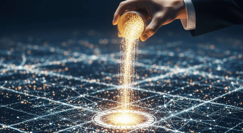 Quantitative Easing. A highly conceptual and photorealistic image captured with a DSLR from a slight high-angle perspective. A strong, elegant hand (diverse, generic) is depicted in the act of gently pouring a cascade of shimmering, abstract digital currency (represented by glowing lines of code or golden light particles) into a stylized, vast financial system represented by a network of interconnected illuminated circuits or a luminous urban sprawl seen from above. This represents Quantitative Easing. In the background, there's a subtle visual suggestion of expansion or inflation. The lighting is ethereal and dramatic, with the glowing 'money' as a primary light source. The overall impression is one of liquidity injection and its pervasive influence on the economic landscape. The focus is sharp on the pouring hand and the immediate 'splash' of digital currency. Quantitative Easing.
A highly conceptual and photorealistic image captured with a DSLR from a slight high-angle perspective. A strong, elegant hand (diverse, generic) is depicted in the act of gently pouring a cascade of shimmering, abstract digital currency (represented by glowing lines of code or golden light particles) into a stylized, vast financial system represented by a network of interconnected illuminated circuits or a luminous urban sprawl seen from above. This represents Quantitative Easing. In the background, there's a subtle visual suggestion of expansion or inflation. The lighting is ethereal and dramatic, with the glowing 'money' as a primary light source. The overall impression is one of liquidity injection and its pervasive influence on the economic landscape. The focus is sharp on the pouring hand and the immediate 'splash' of digital currency.