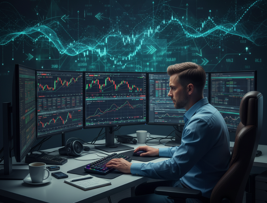 Best Forex Prop Trading Firms. A professional forex trader intensely focused on multiple screens displaying charts and financial data, with a subtle digital overlay or background element hinting at dynamic market movement and strategic decision-making. Best Prop Trading Firms for Forex.
A professional forex trader intensely focused on multiple screens displaying charts and financial data, with a subtle digital overlay or background element hinting at dynamic market movement and strategic decision-making.
Best Forex Prop Trading Firms.